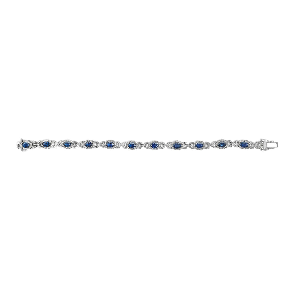 14K White Gold Vintage-Inspired Oval Blue Sapphire & Diamond Link Bracelet