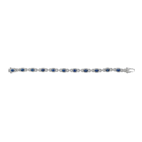 14K White Gold Vintage-Inspired Oval Blue Sapphire & Diamond Link Bracelet